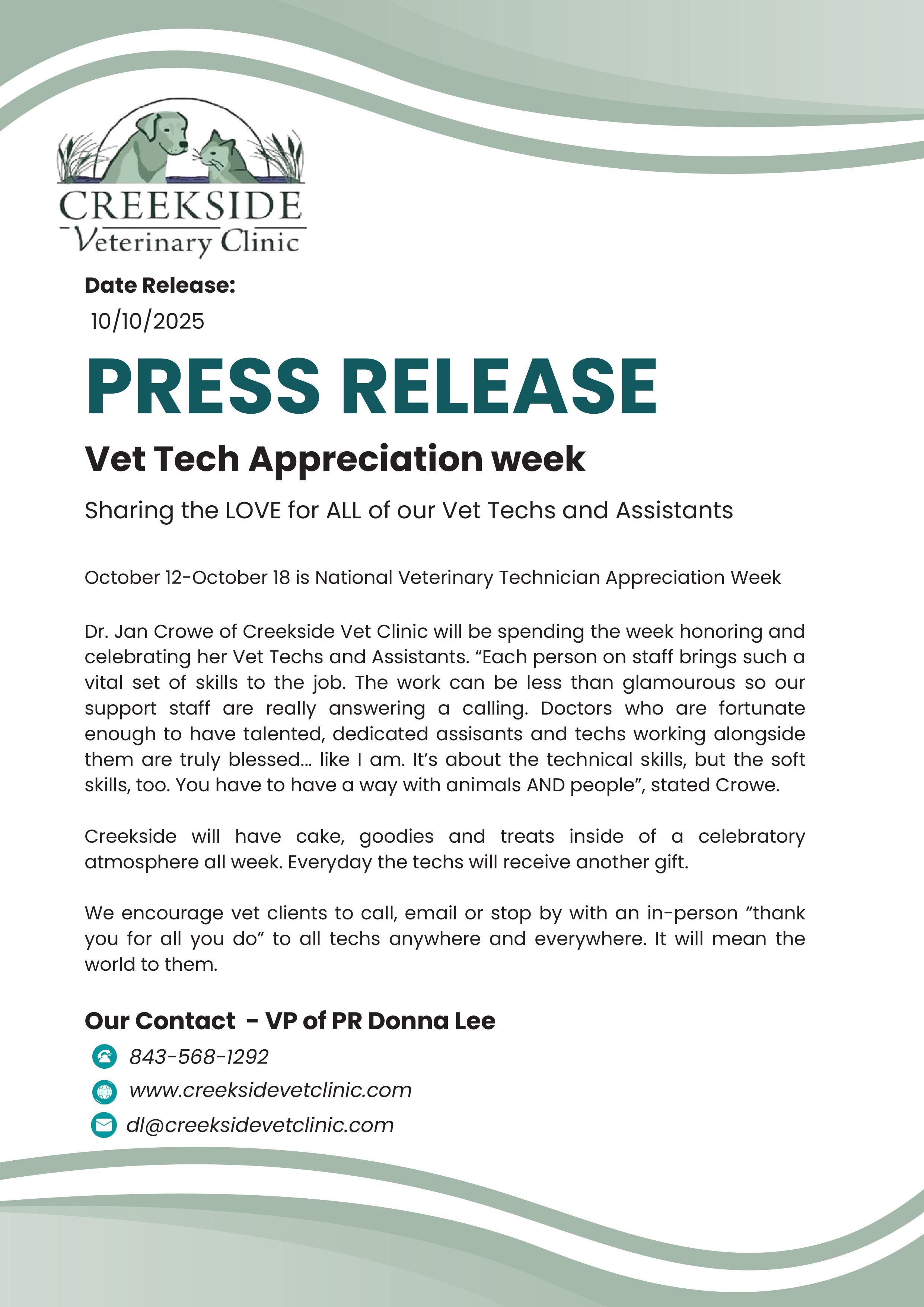 Press Release for Veterinary Technician Week